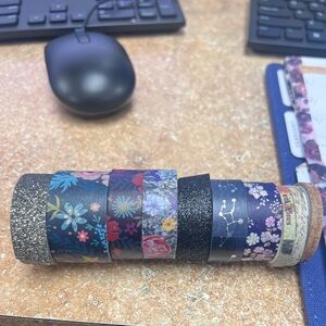 Floral & Patterned Washi Tape Set - Purple, Black, Gold Accents